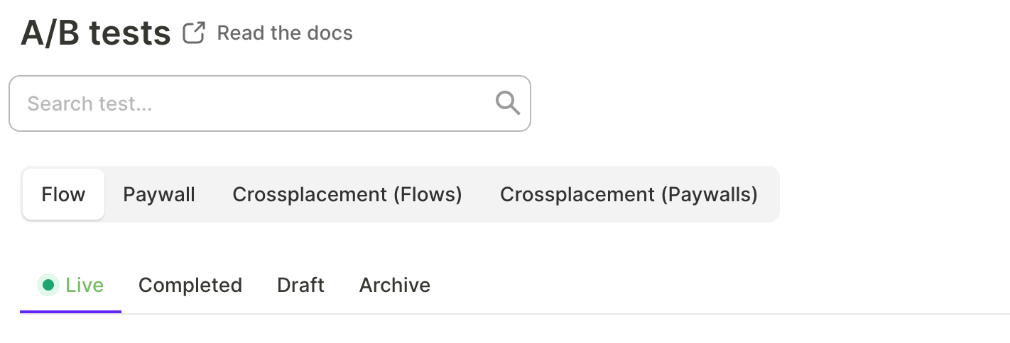 A/B tests list page with tabs for Flow, Paywall, Crossplacement (Flows), and Crossplacement (Paywalls) tests
