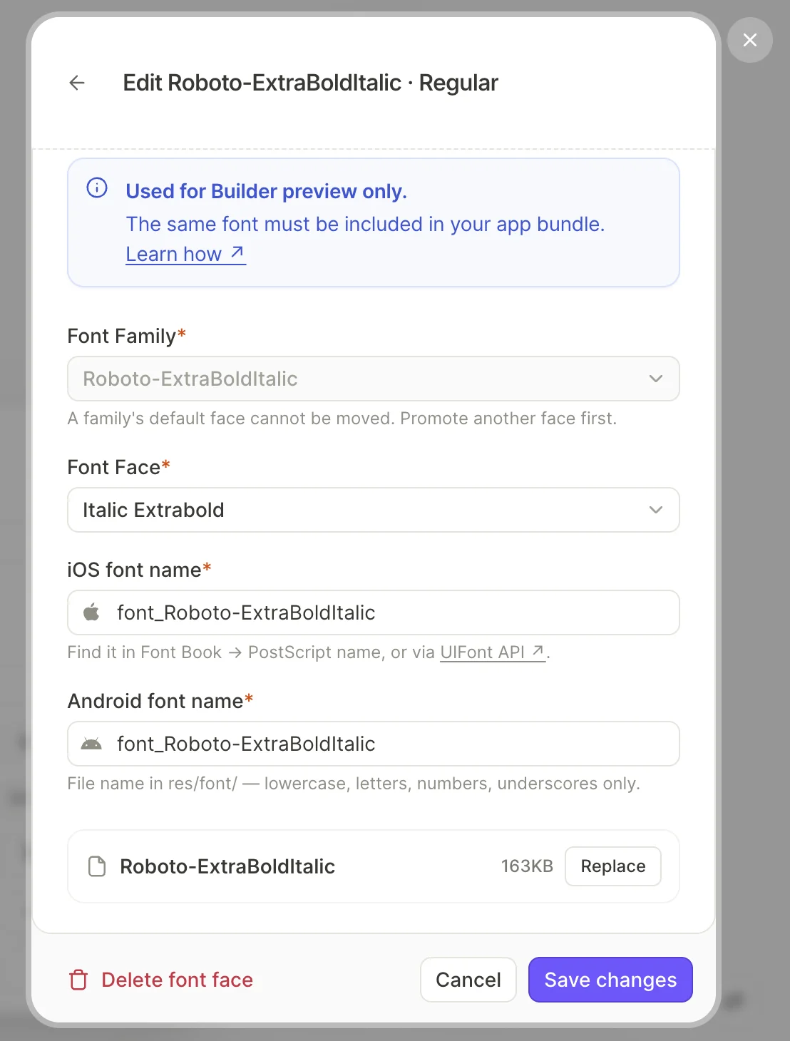 Face settings: Font Family, Font Face, iOS font name, and Android font name