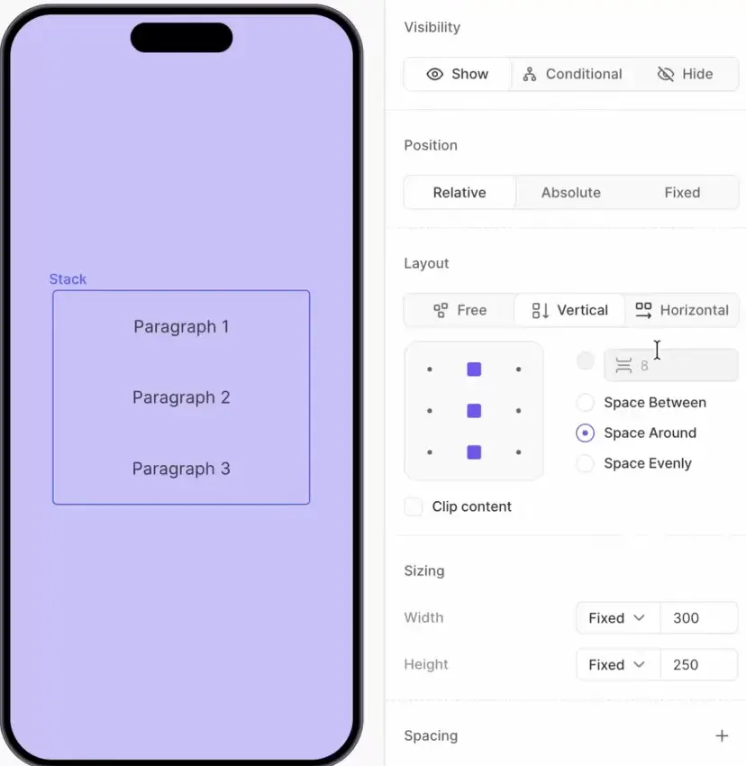 A Stack on the canvas alongside its Layout settings