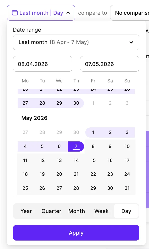 Adapty analytics date picker with the time scale button row at the bottom