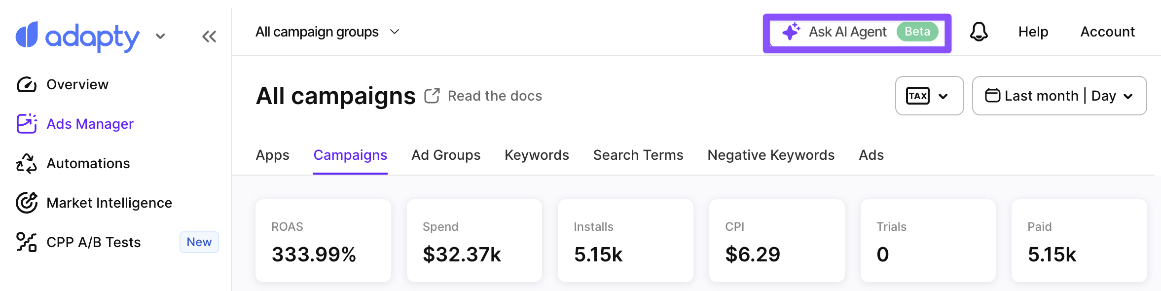 The Ask AI Agent button in the Adapty Ads Manager account header