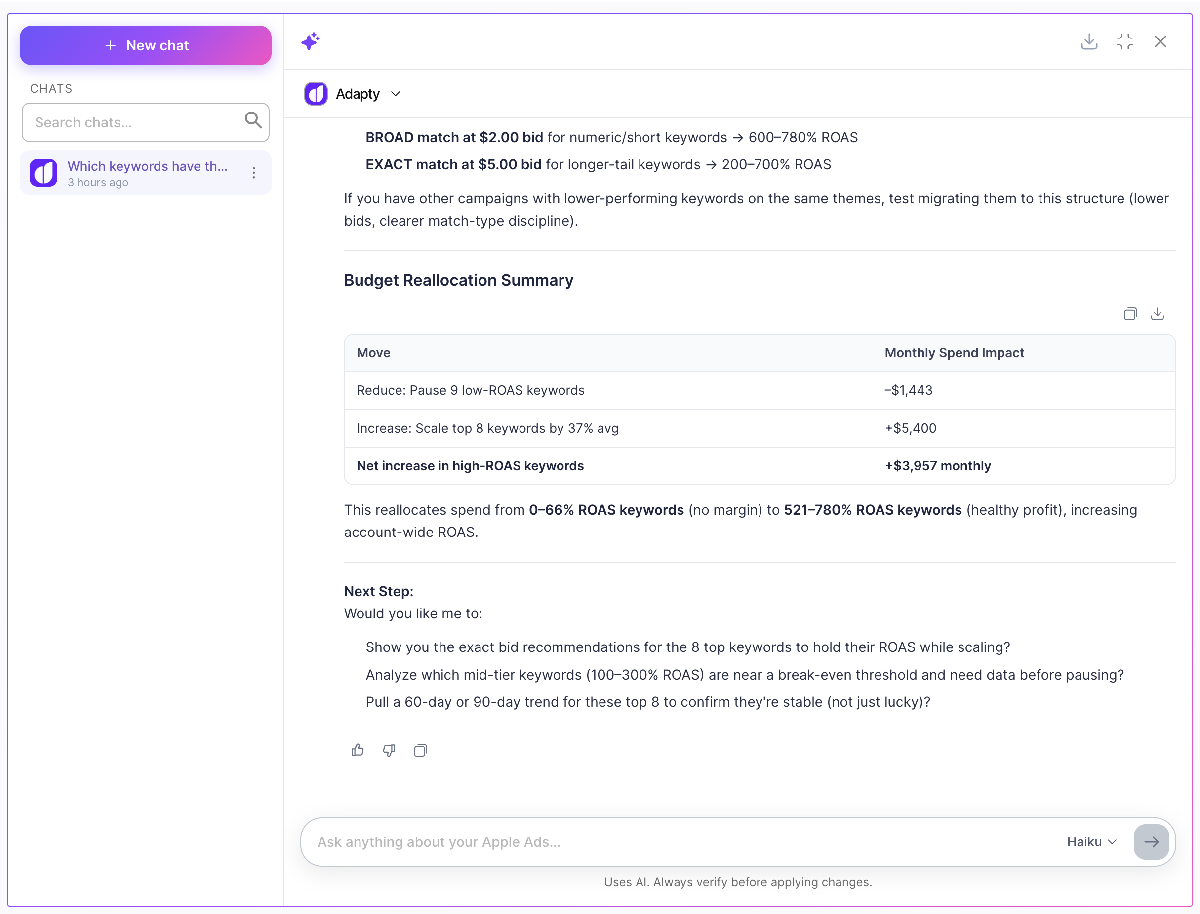 The AI Agent in full-screen mode with the Chats history list on the left