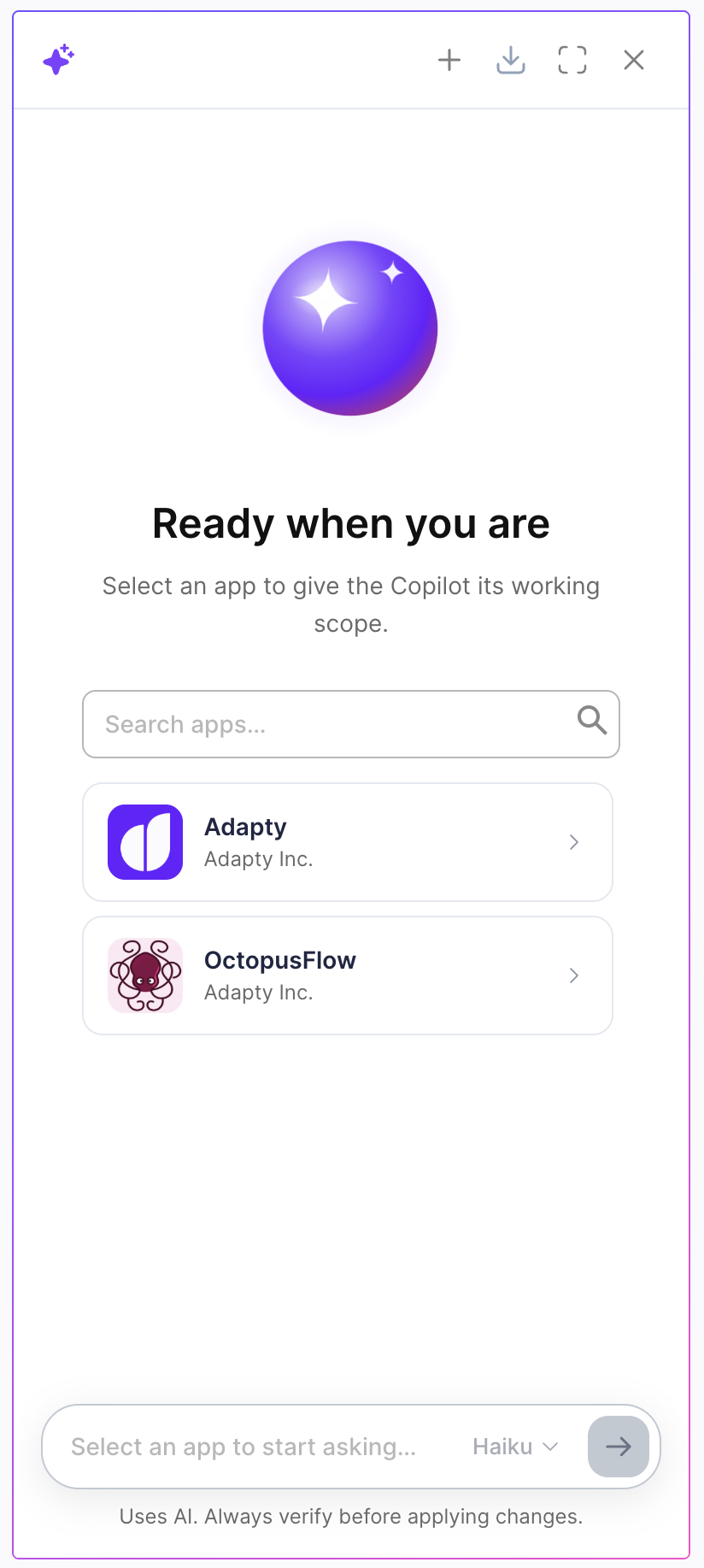 The AI Agent panel with the app picker in Adapty Ads Manager