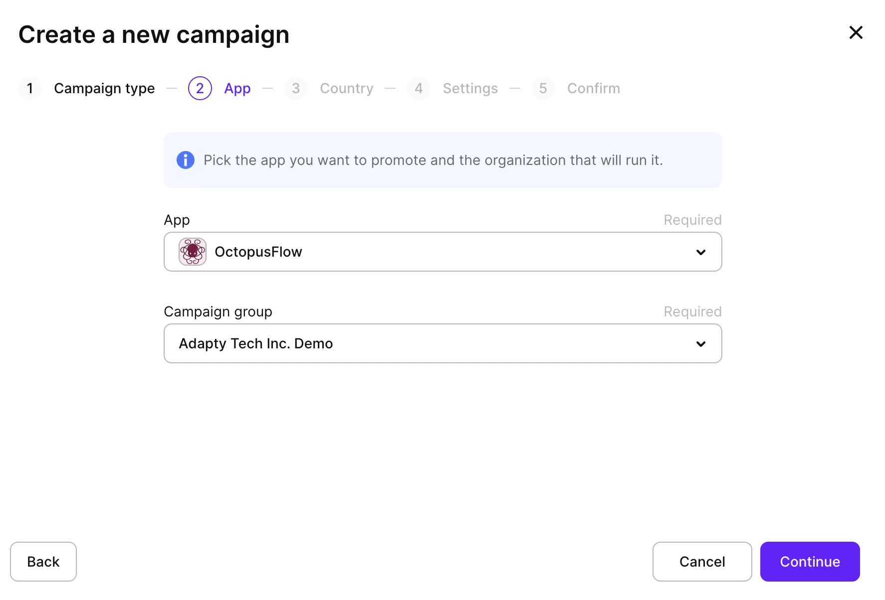 Étape de sélection de l'application et du groupe de campagnes