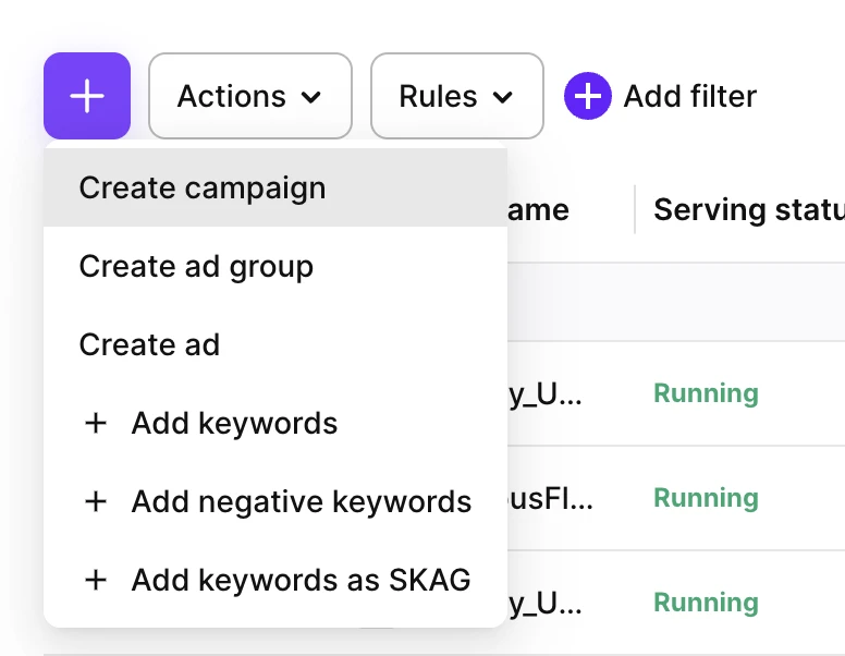 Menu Plus avec Create campaign sélectionné