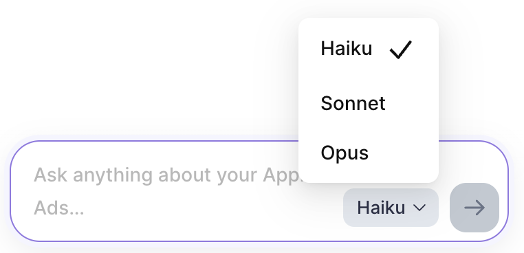 The AI Agent model selector in Adapty Ads Manager