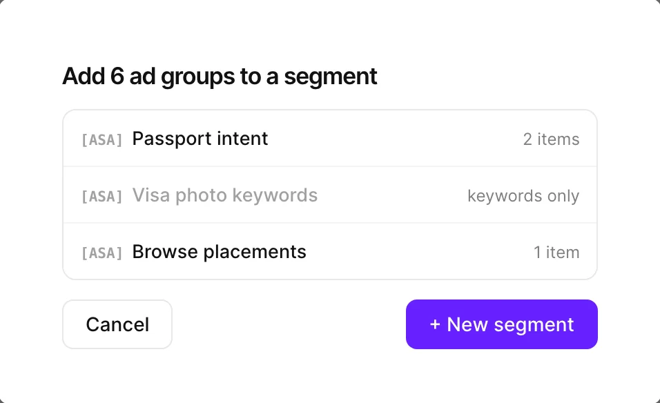 Elegir un segmento al que añadir grupos de anuncios