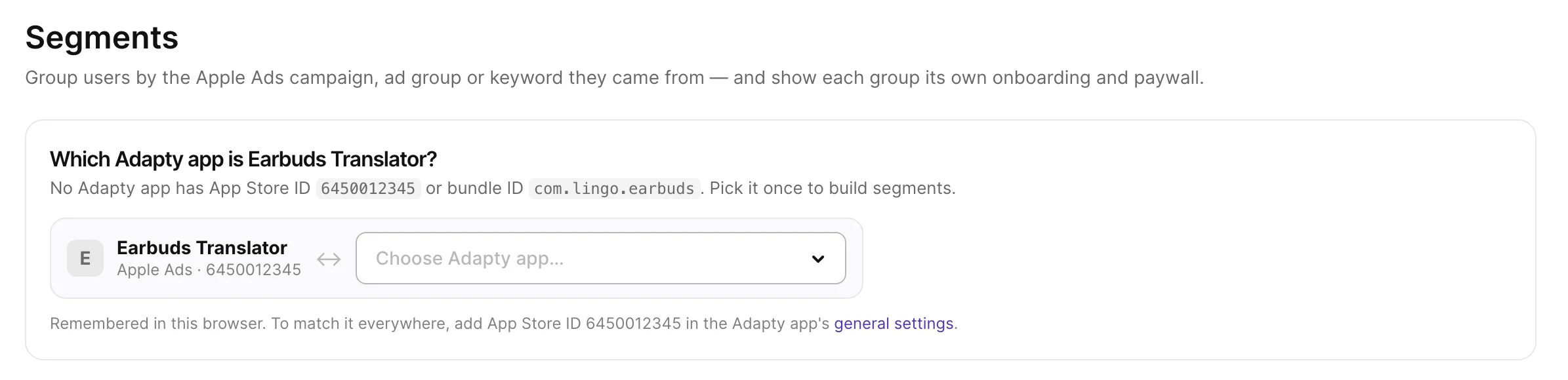 Eligiendo la app de Adapty para una app de Apple Ads