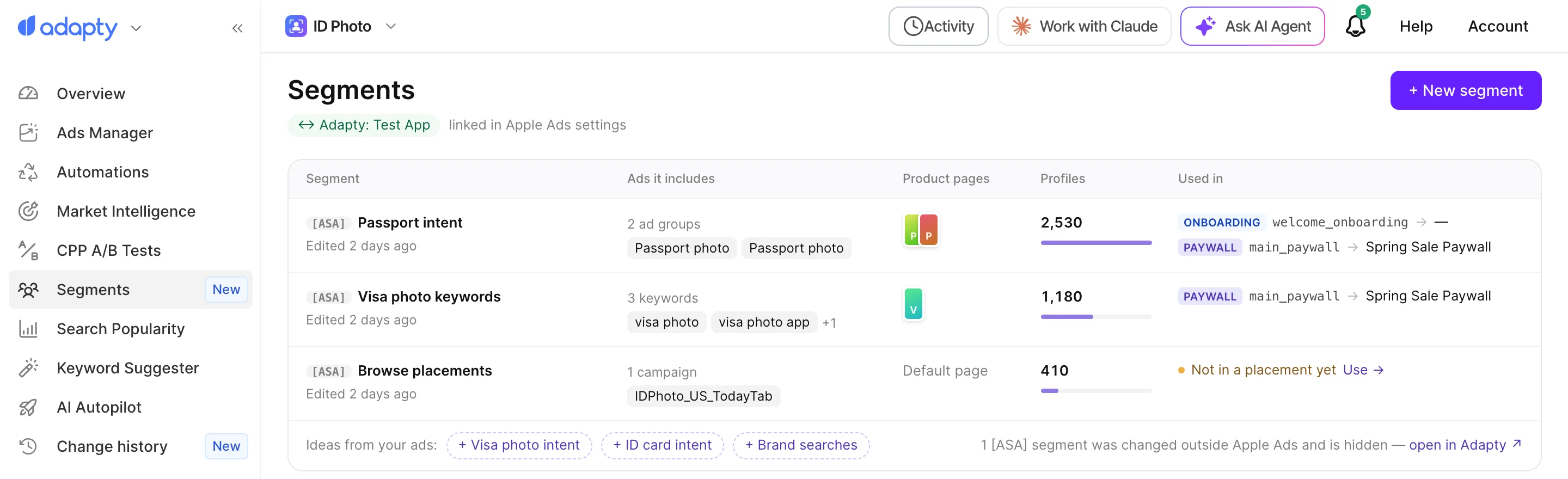 Segments page with three Apple Ads segments