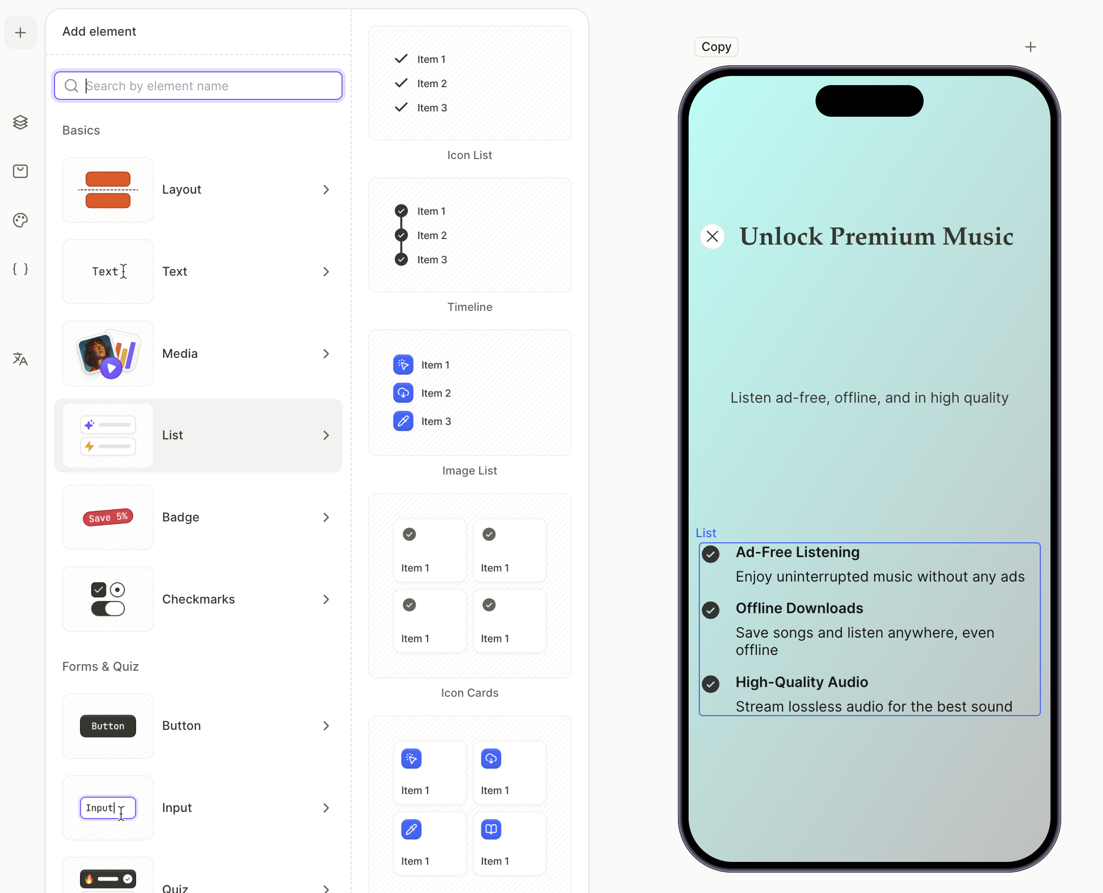 Icon list with three feature rows