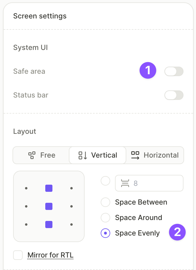 Screen settings with Safe area off and Vertical / Space evenly layout