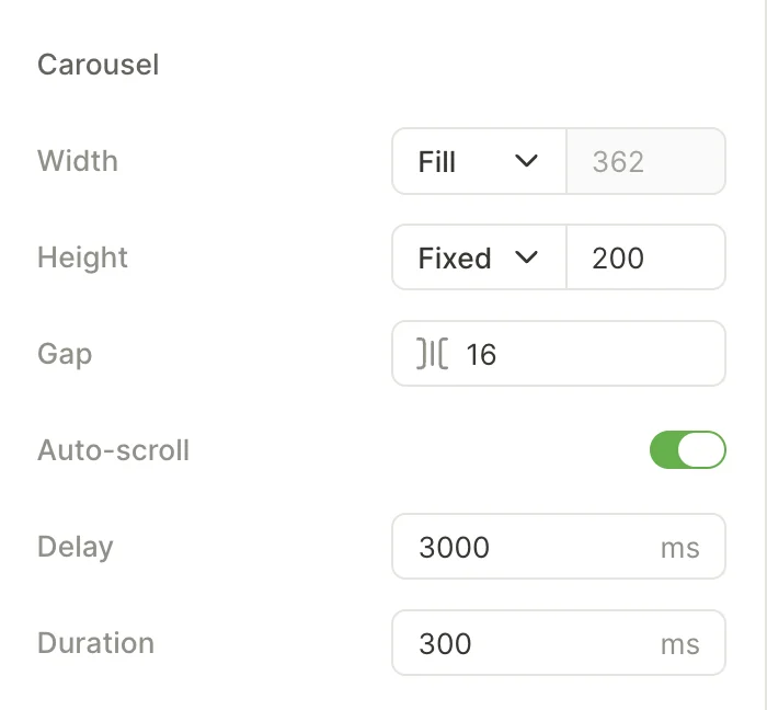 Carousel section of the right panel with Width, Height, Gap, Auto-scroll, Delay, and Duration