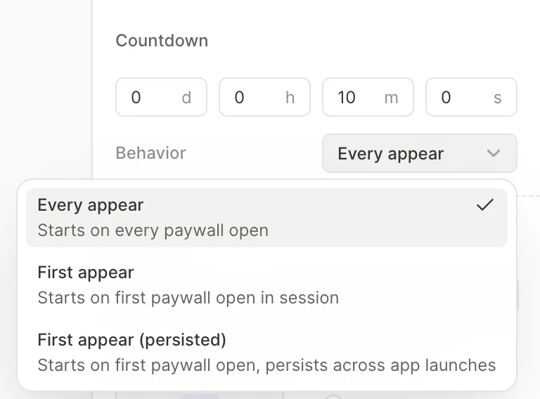 Countdown timer settings in the right panel