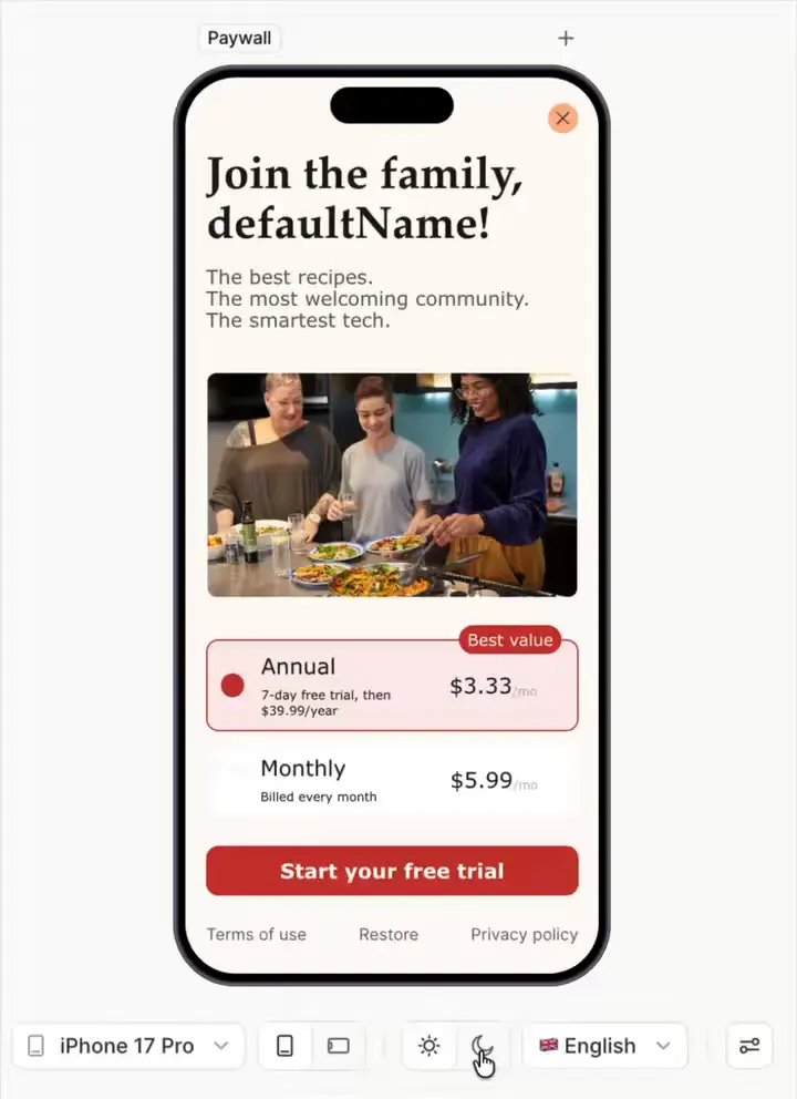 A screen previewed in light and dark mode