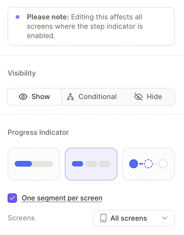 Progress indicator settings panel with variant picker, One segment per screen toggle, and Screens dropdown