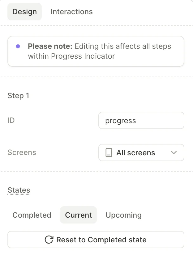 Step-level settings panel with ID, Screens, and Completed/Current/Upcoming state tabs
