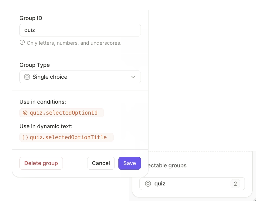 Screen settings — Selectable groups