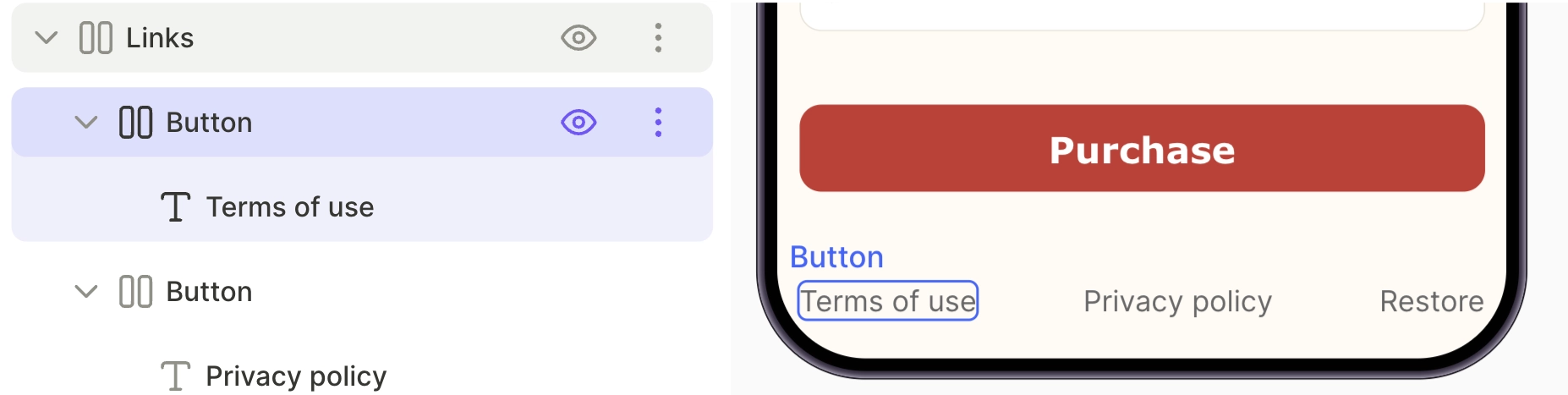 Terms of Use button selected in the Layers panel, with the nested text element visible but unselected