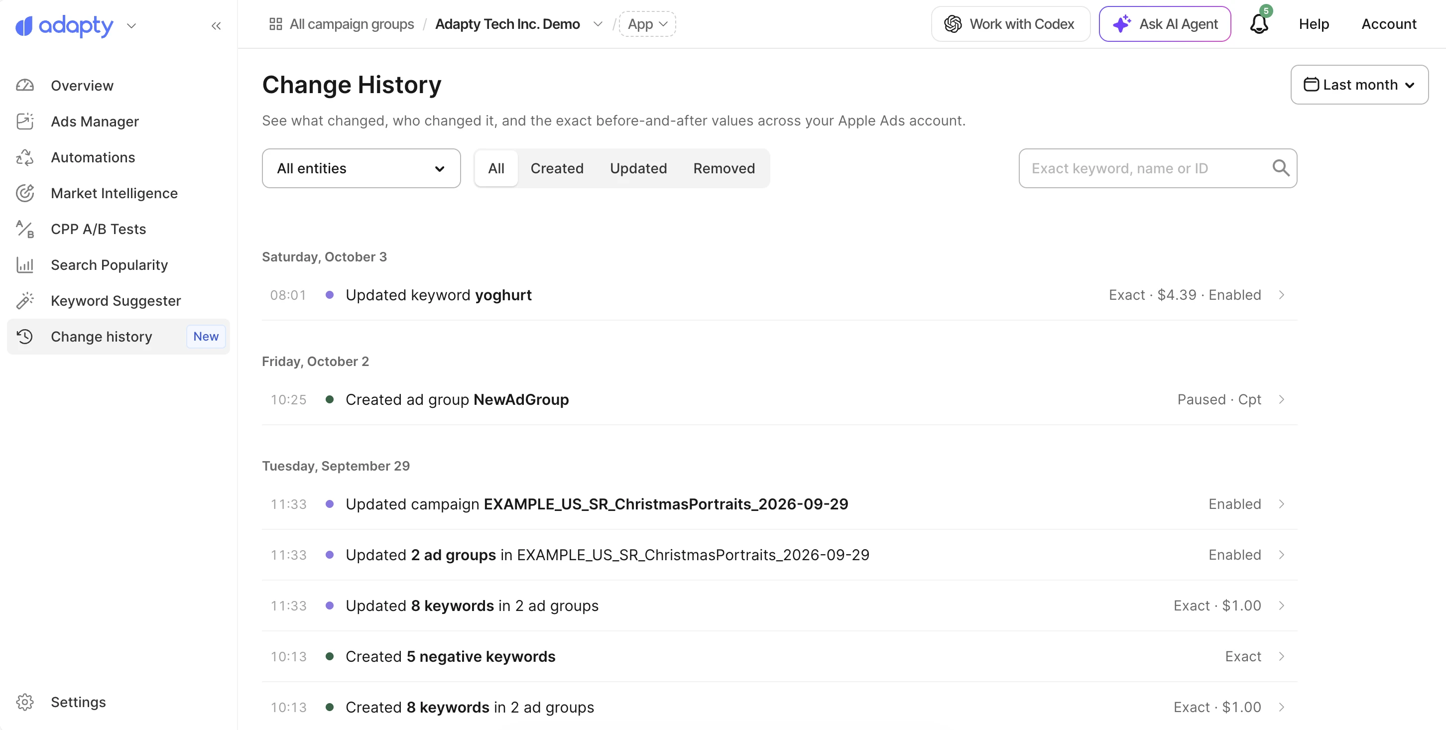 Change History page with changes grouped by date