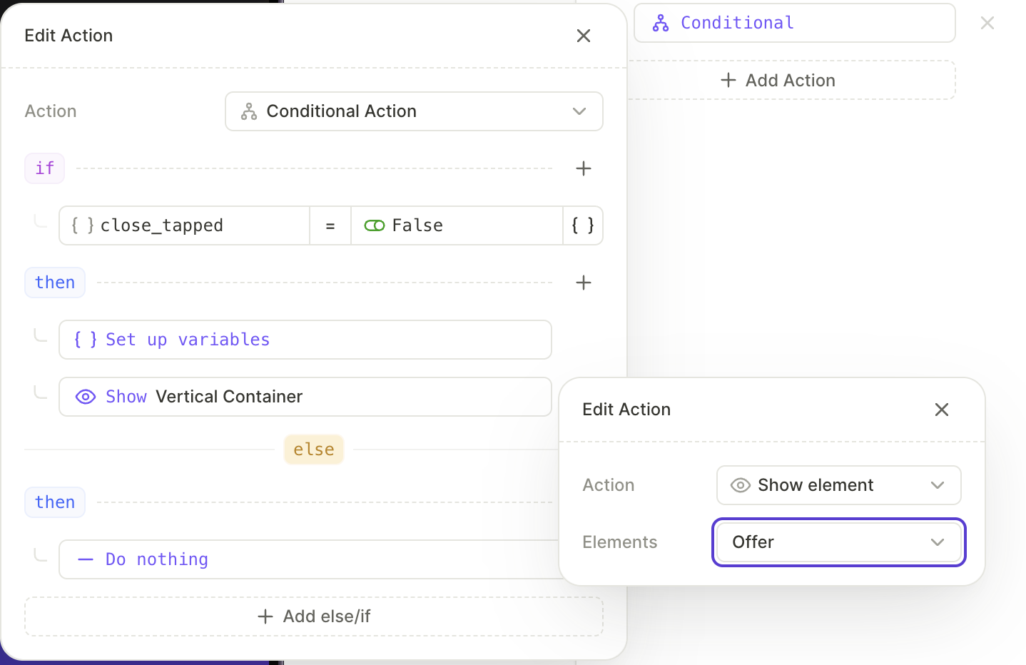 Show element action in the then block targeting the offer overlay