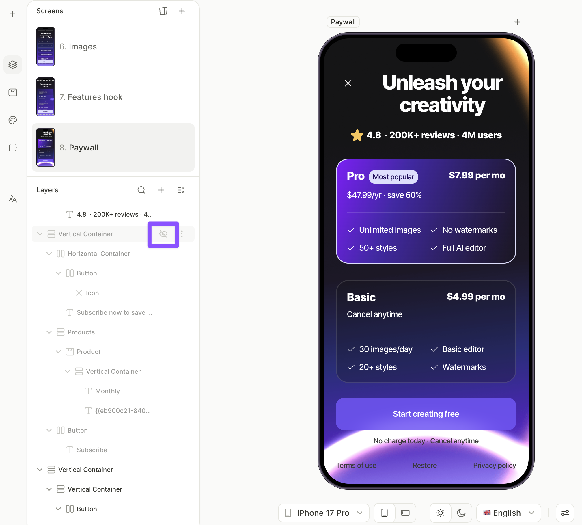 Overlay container set to Hide in the Layers panel and no longer rendered on the canvas