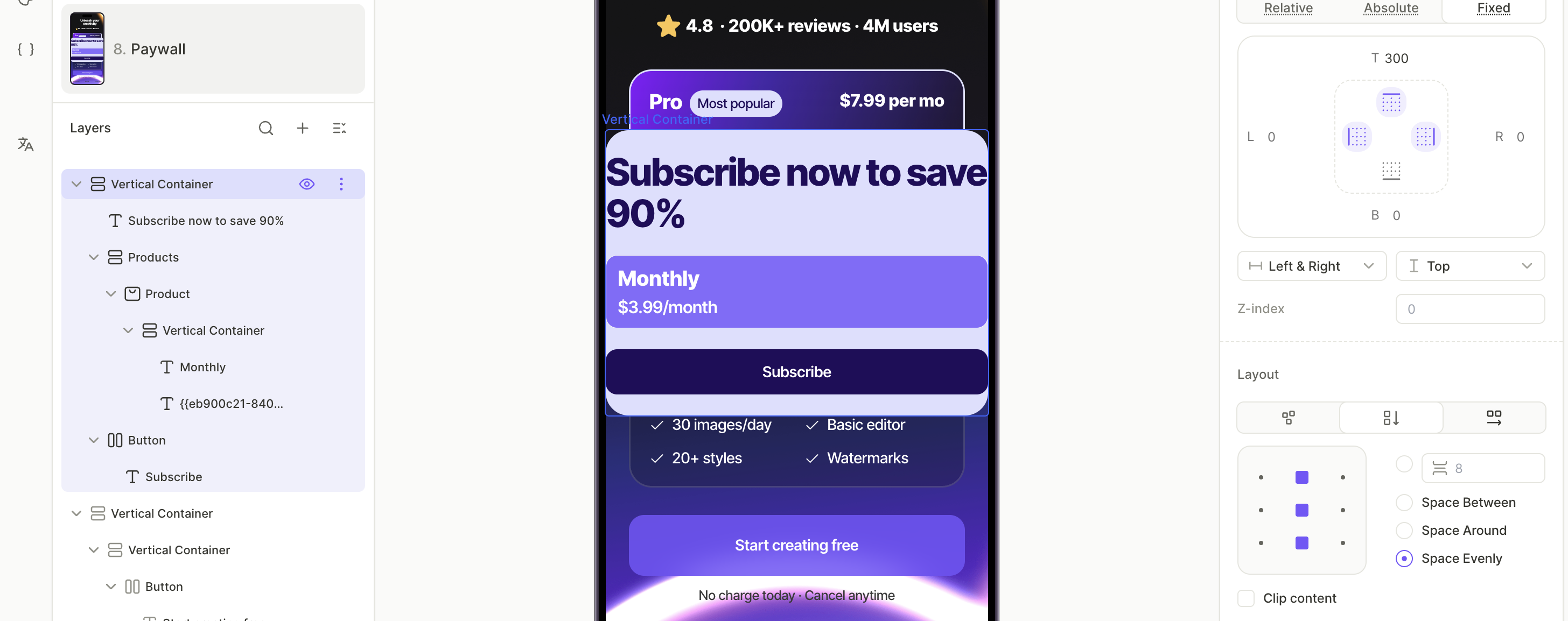 Offer overlay on the canvas with the offer text, product card, and purchase button, with Fixed position settings in the Design tab
