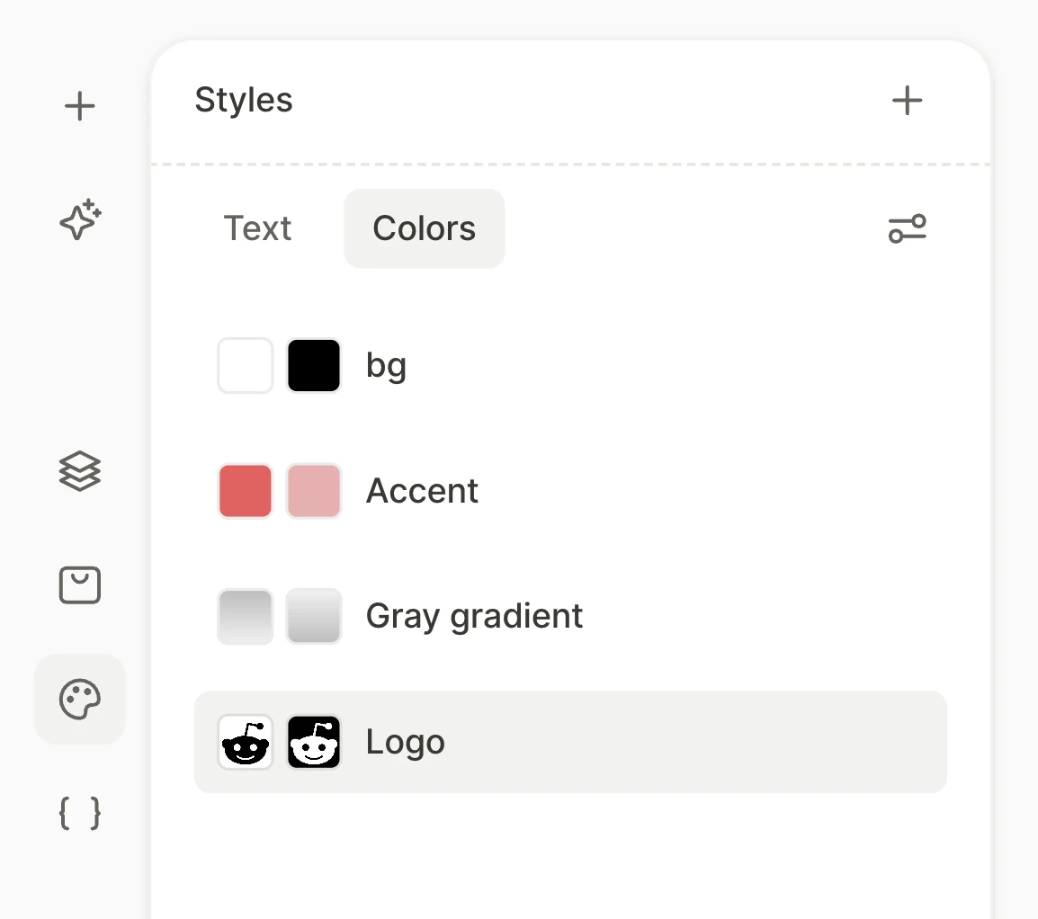 The Colors tab of the Styles panel with four color styles, each with a light and a dark swatch