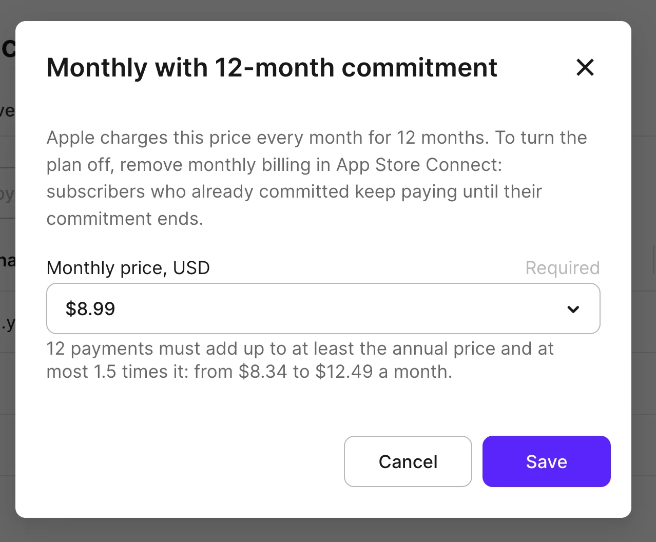 Monthly with 12-month commitment pop-up with the Monthly price, USD field