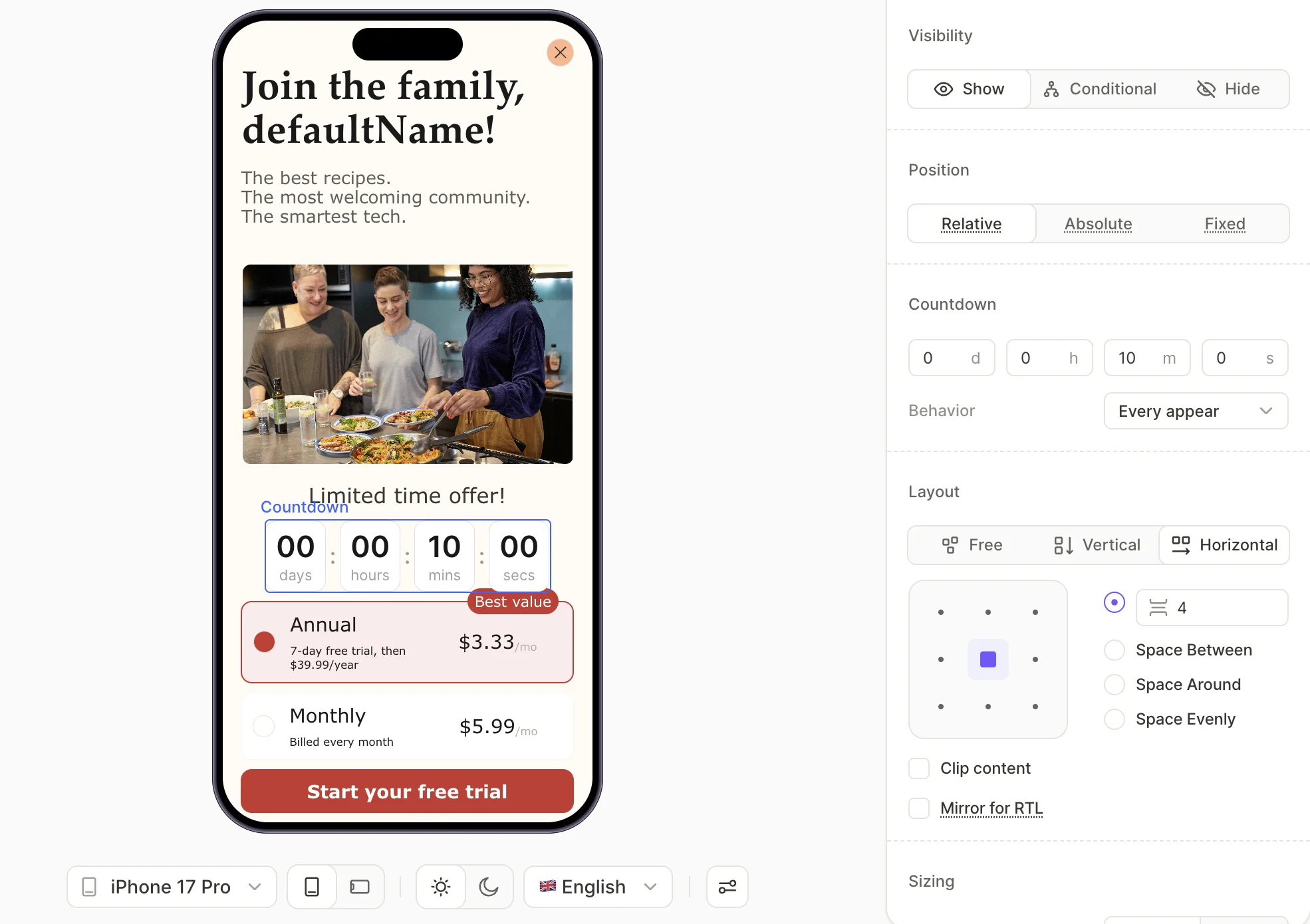 Countdown timer selected on the canvas with the Countdown panel and Behavior dropdown visible