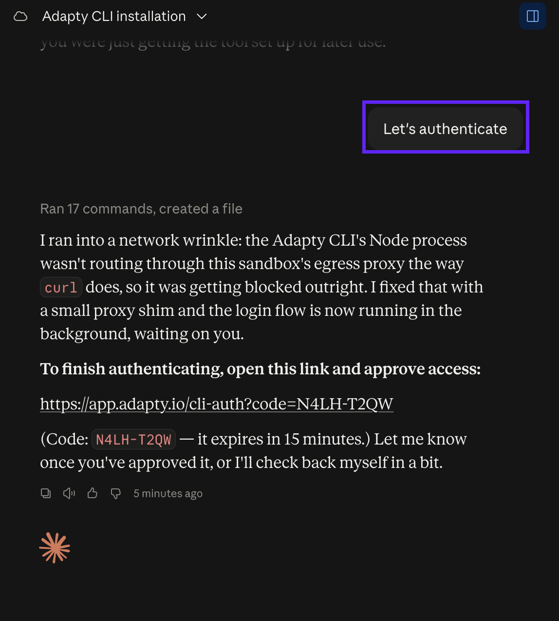 A Cowork chat where Claude posts the Adapty authorization link and device code