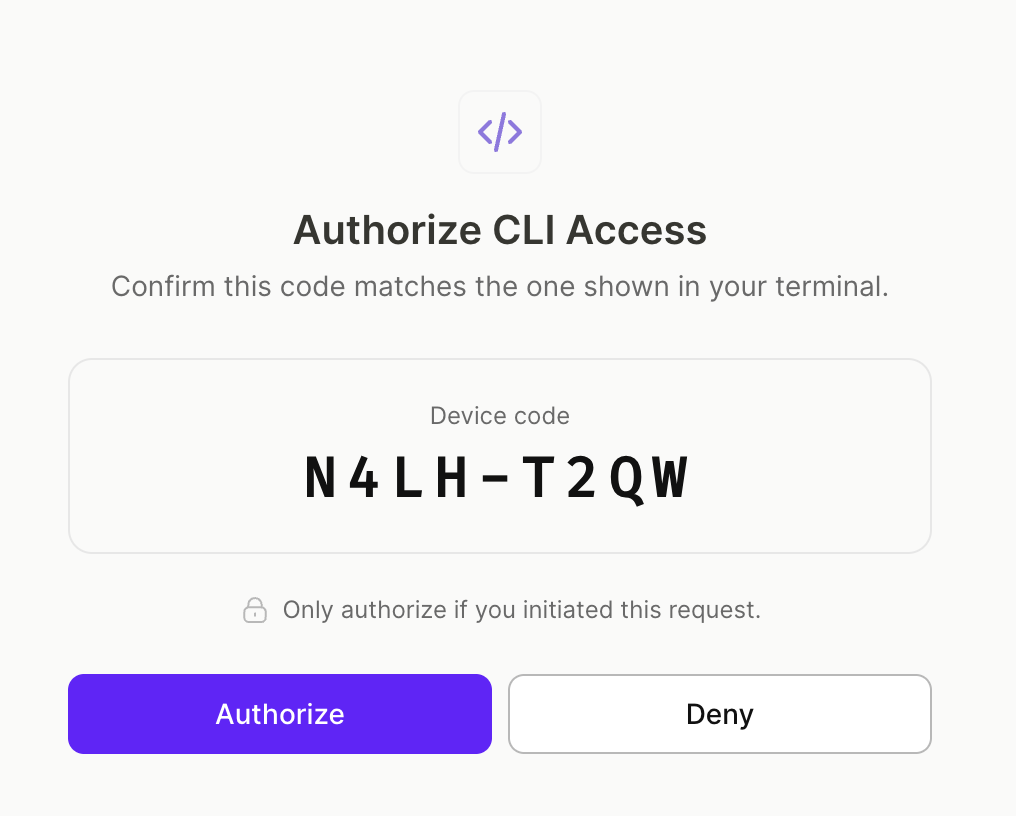 The Adapty CLI authorization page in a browser showing the device code and the Authorize button