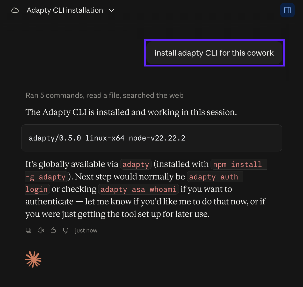 A Cowork chat where Claude confirms the Adapty CLI is installed