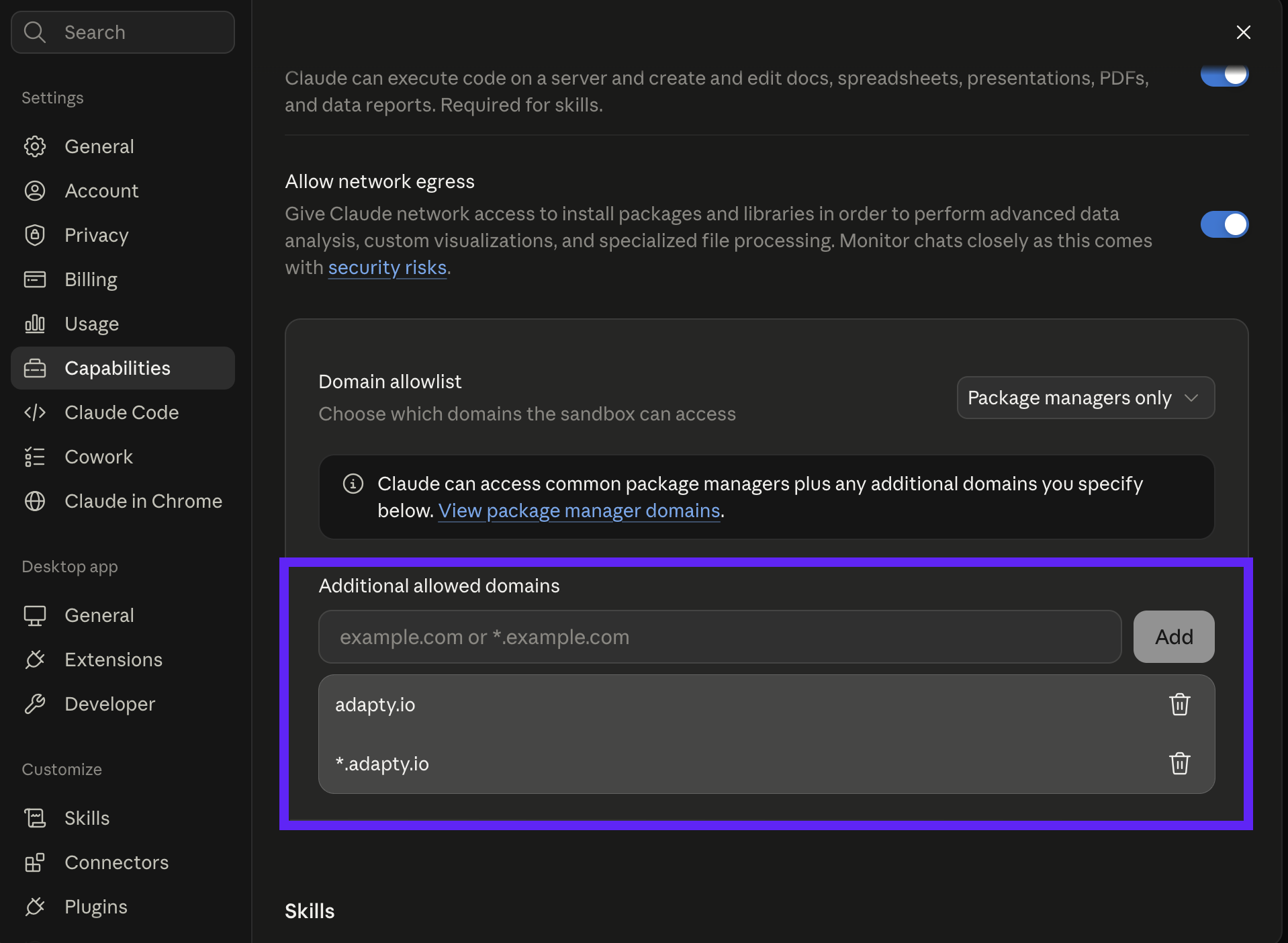 Allow network egress settings in Claude, with adapty.io and *.adapty.io in the additional allowed domains list