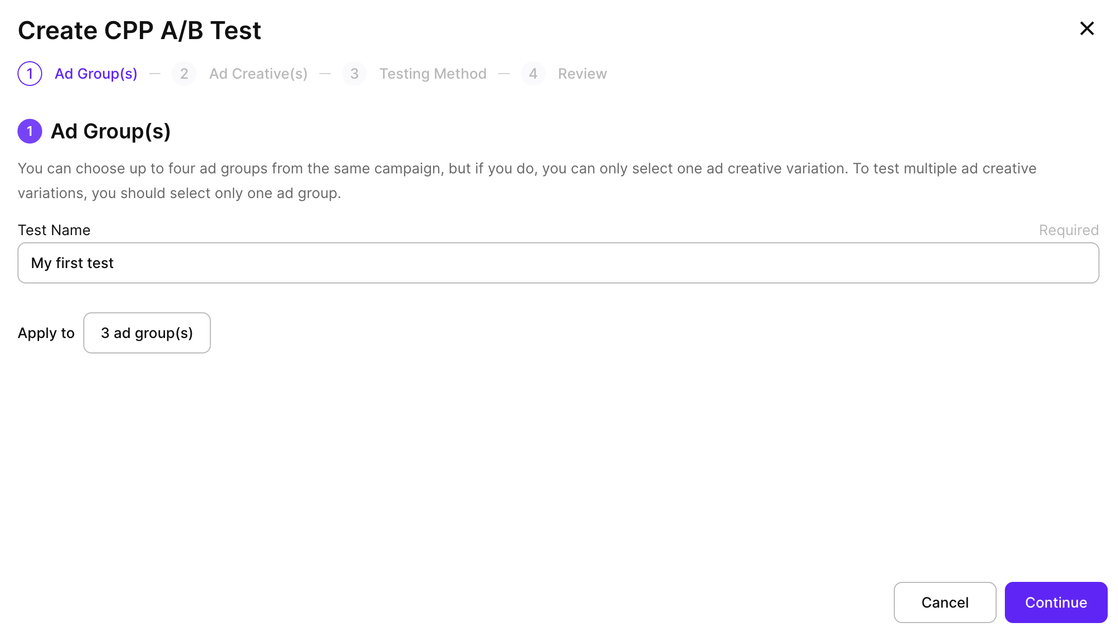 Create CPP A/B Test wizard: Ad Group(s) step