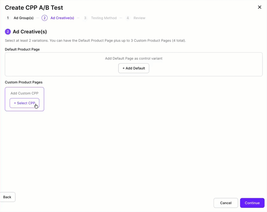 Create CPP A/B Test wizard: Ad Creative(s) step