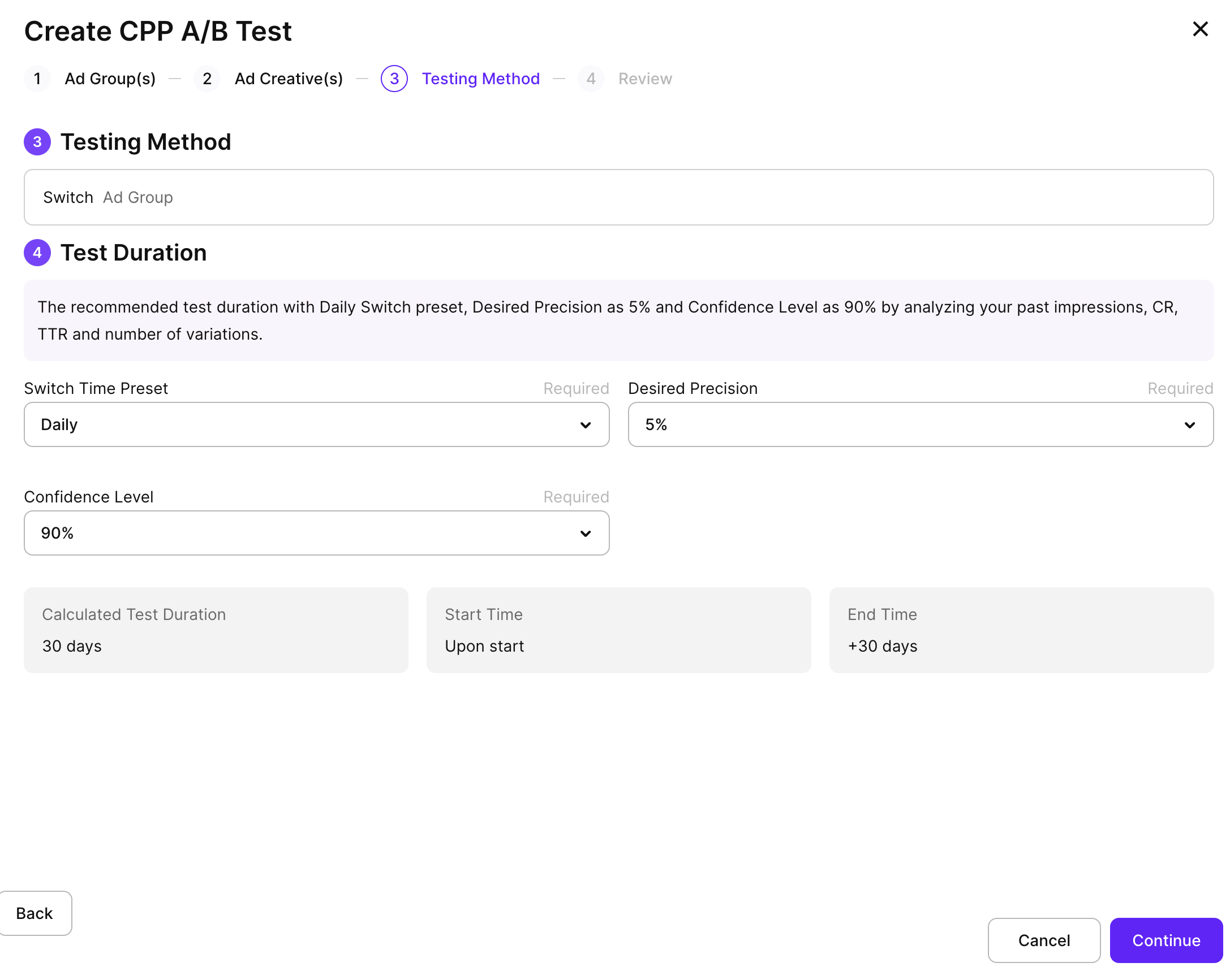 Create CPP A/B Test wizard: Testing Method step with switch preset, precision, and confidence dropdowns