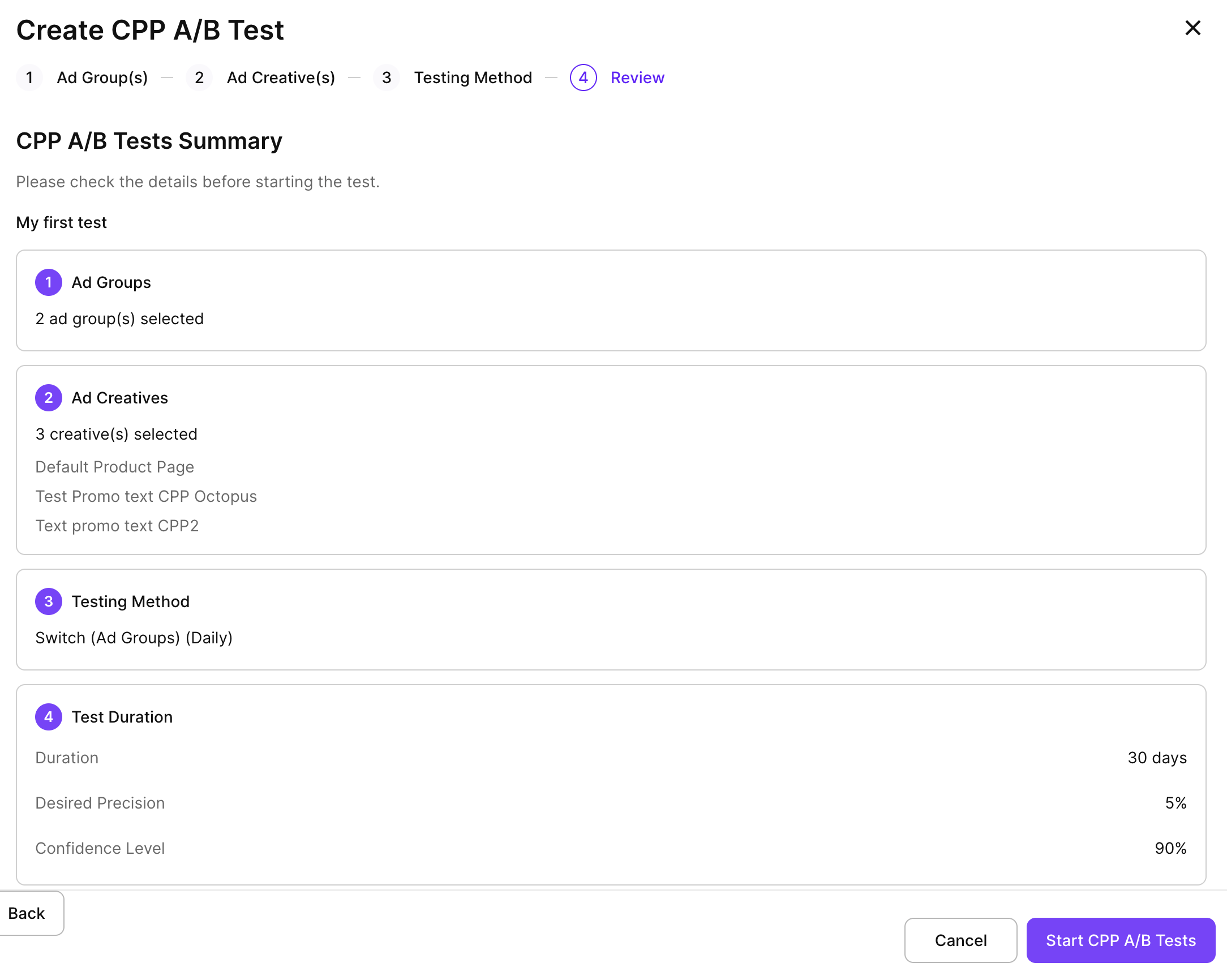 Create CPP A/B Test wizard: Review step with test summary