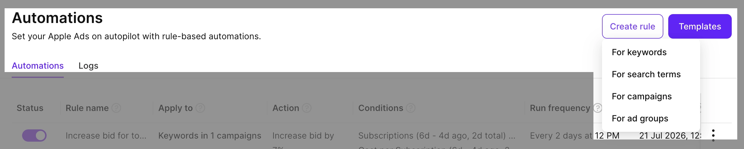 Automations Create rule dropdown with For ad groups selected