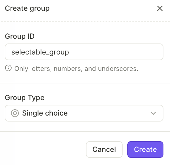Create group settings with Group name and group type selector