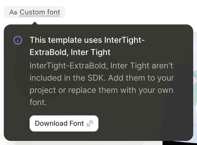 Custom font chip on a template card with the warning tooltip
