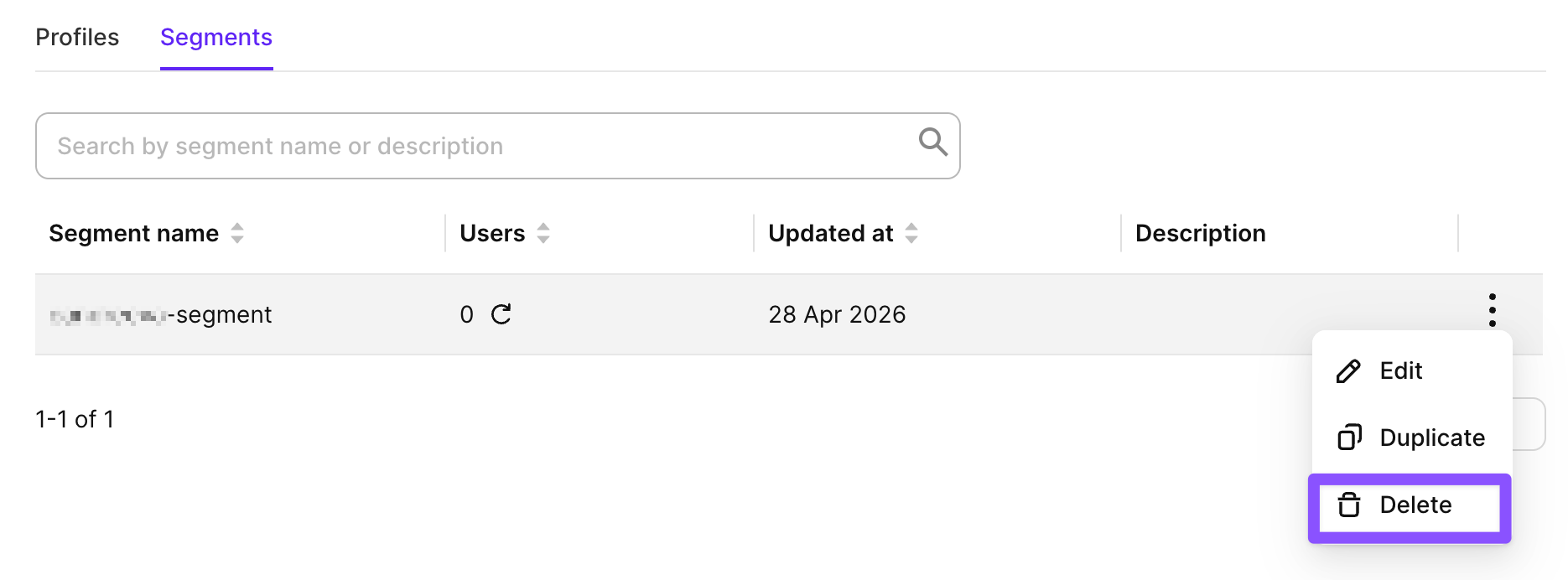 Delete segment dialog blocked because the segment is used in an active A/B test