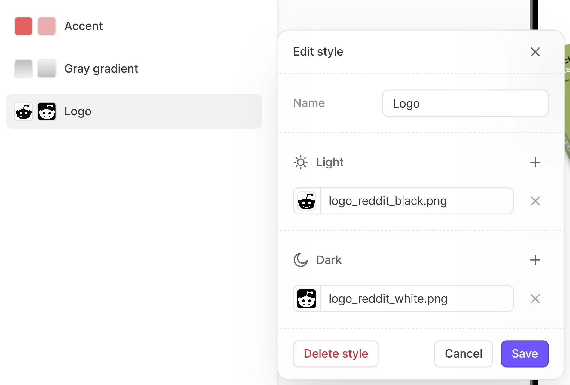The Edit style form of a color style with an image layer in the Light and Dark sections