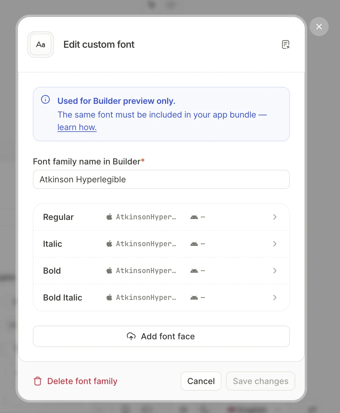 Edit custom font window: the family name, four styles, and the Add font face button