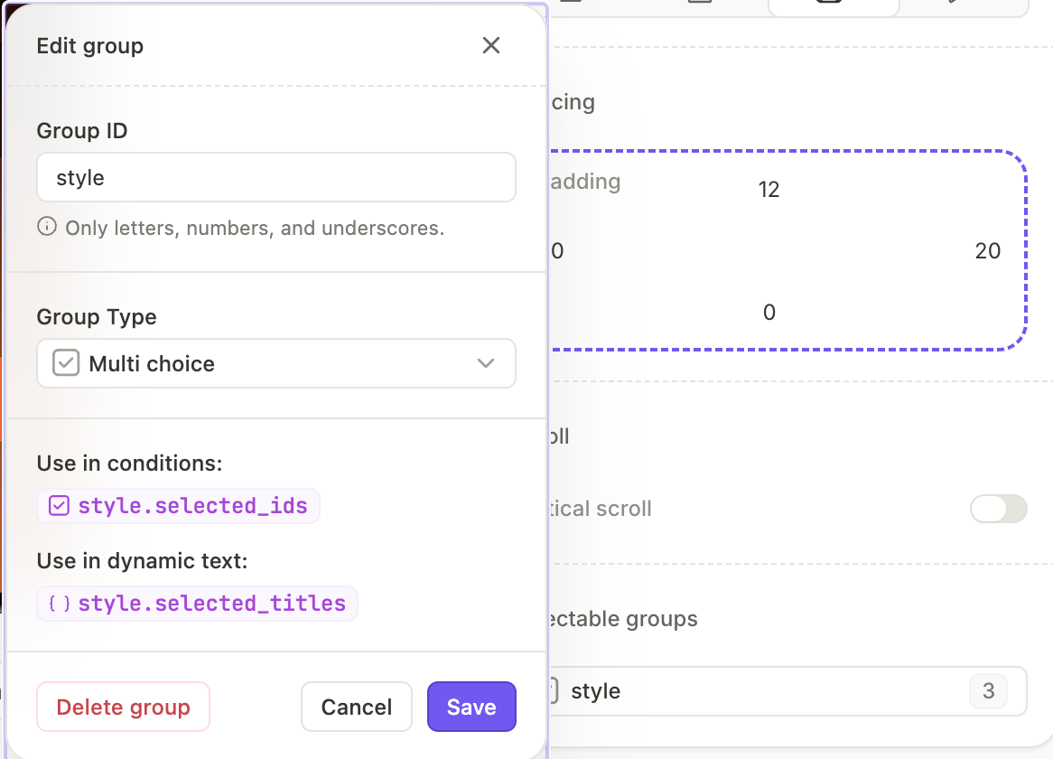 Edit selectable group in the Screen settings panel