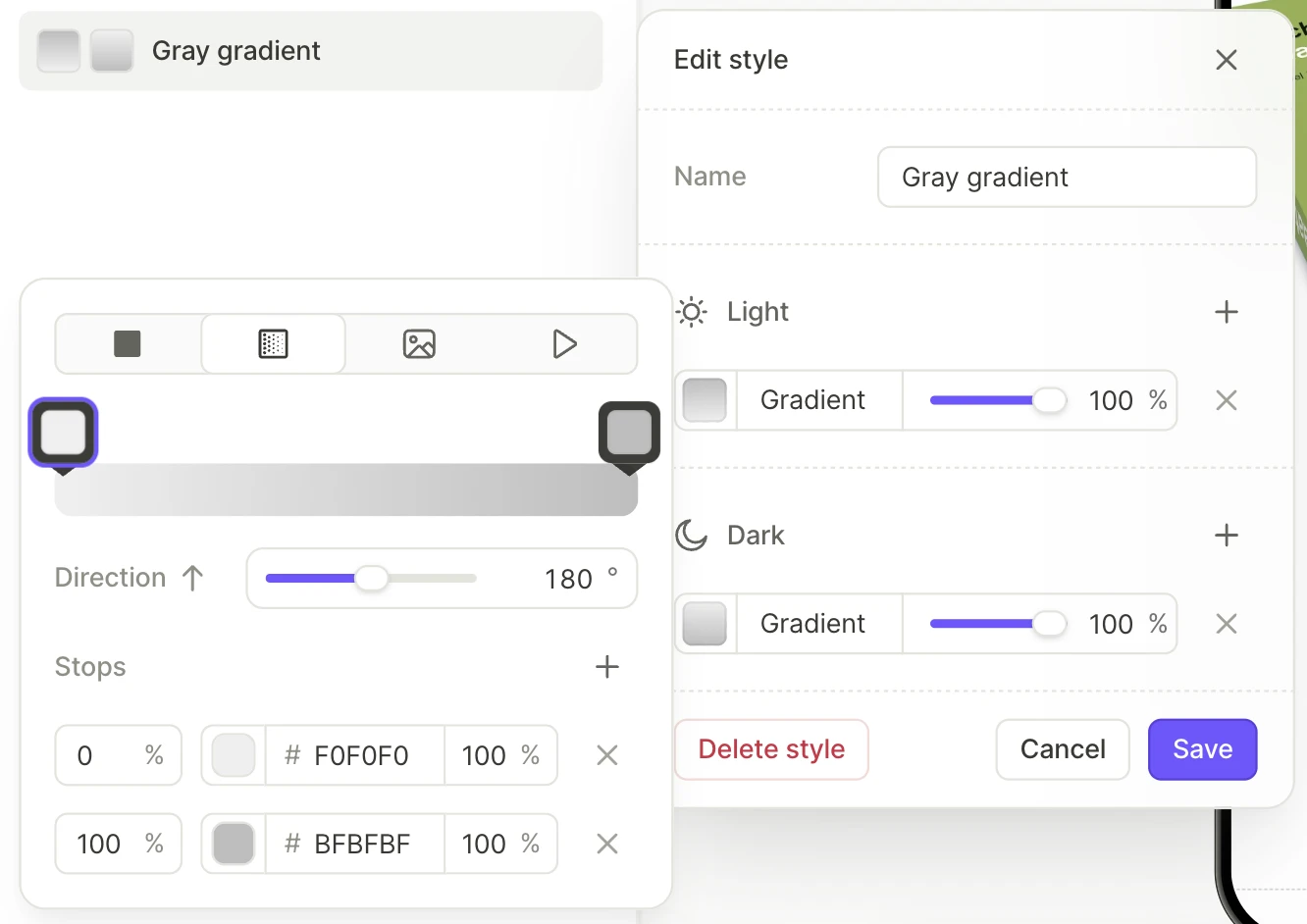 The Edit style form with a gradient in the Light and Dark sections, and the gradient picker of the Dark gradient with the Direction slider and the Stops list