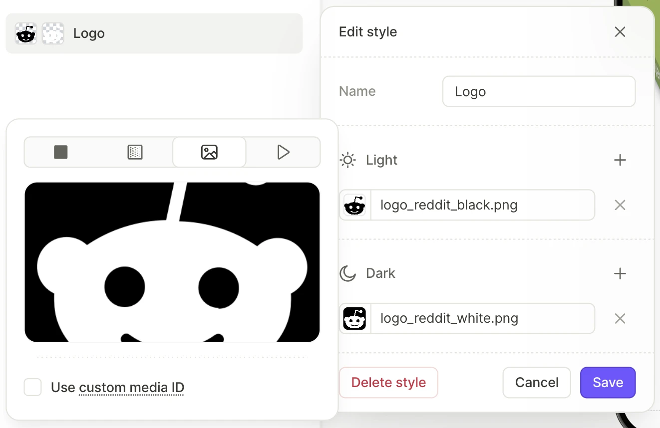 The Edit style form with a different image in the Light and Dark sections, and the image picker of the Dark image