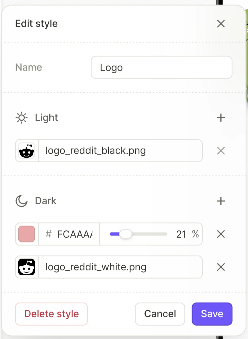 The Edit style form with an image layer in the Light section, and a semi-transparent color layer over an image layer in the Dark section