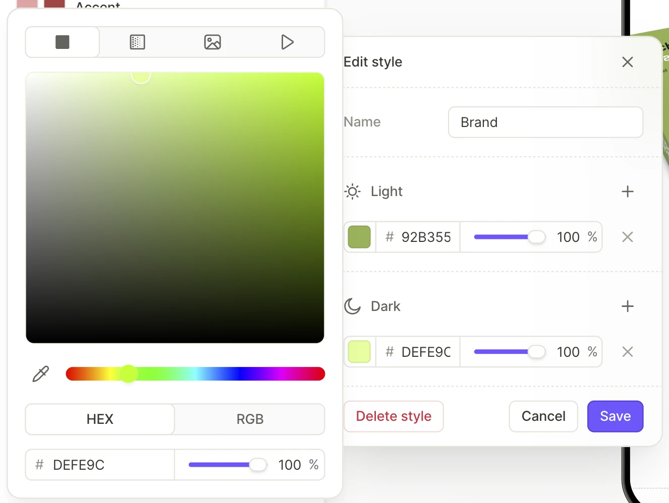 The Edit style form with a different solid color in the Light and Dark sections, and the color picker of the Dark color