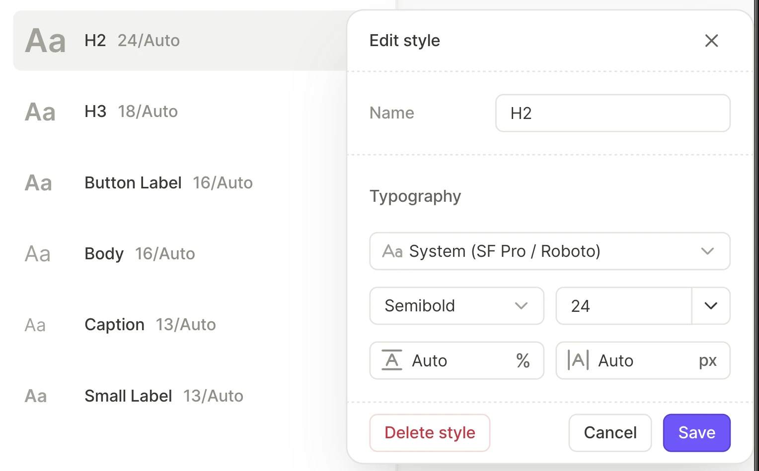 The Edit style form of the H2 text style with the Name field, the typography settings, and the Delete style, Cancel, and Save buttons