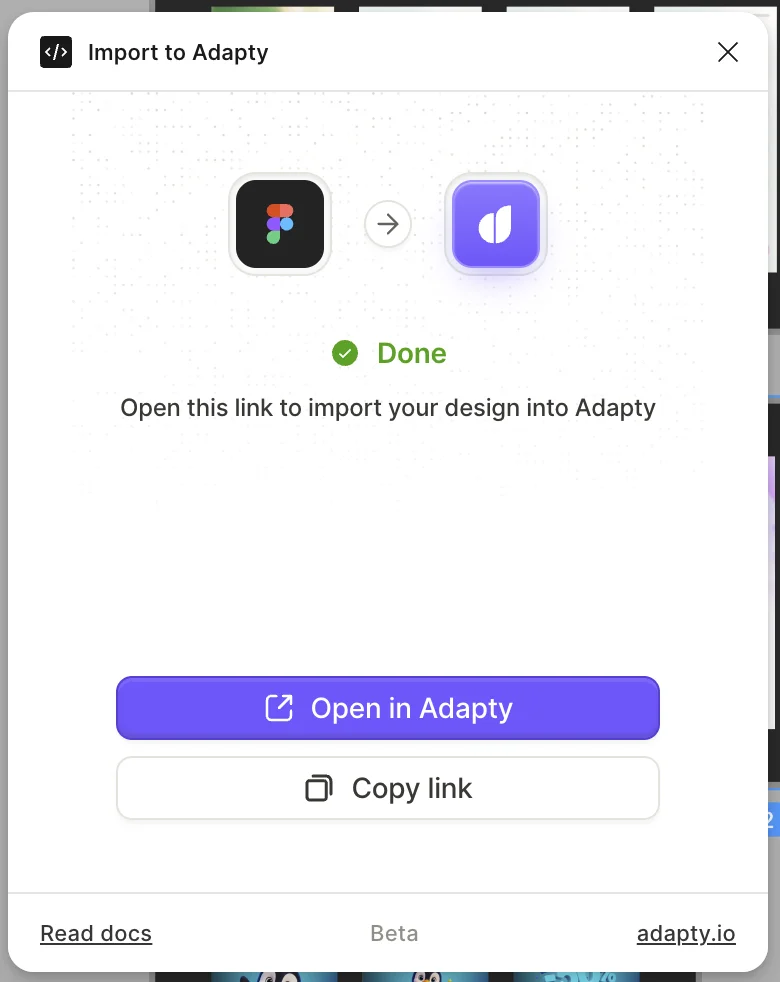 The plugin's Done screen with Open in Adapty and Copy link buttons